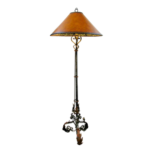 1920s French Art Deco Wrought Iron Scrollwork and Leaves Tripod Floor Lamp and Shade