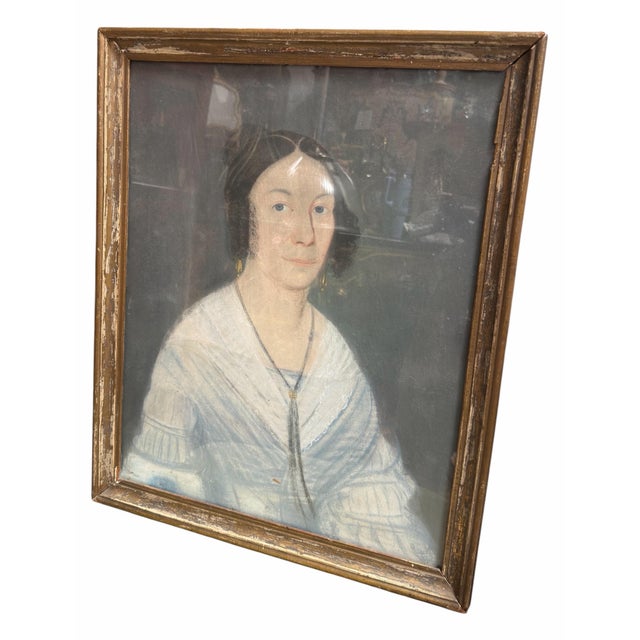 Antique Biedermeier Portrait Painting of a Lady in Blue Dress.