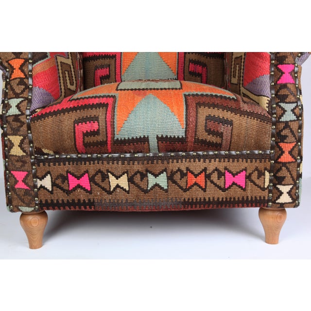 Wood Handmade Armchair Upholstery With Tribal Handwoven Vintage Kilim For Sale - Image 7 of 13