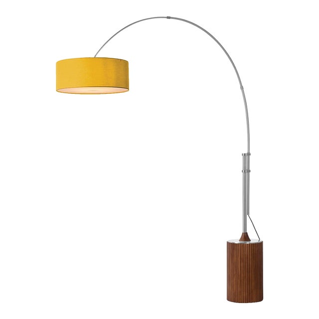 1980s Tambo 92"h 1-Light Arc Lamp, Mustard Linen Shade, Dark Walnut Base, Satin Nickel, Dimmable, for Living Room or Bedroom For Sale
