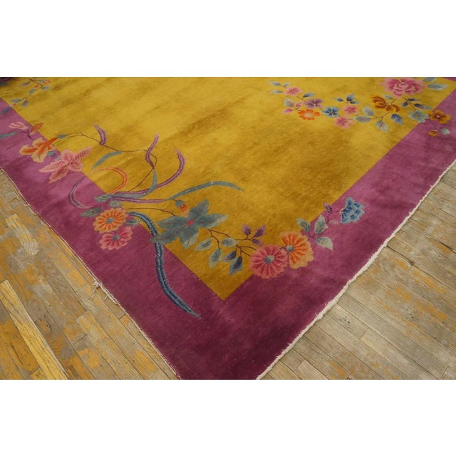 1920s Yellow Canary Floral Antique Chinese Art Deco Carpet 8' 10'' X 11' 4'' Knotted Wool Rug For Sale - Image 10 of 12