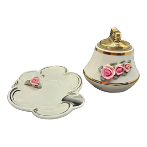 Vintage Dresden Silver Ash Tray With Brass Lighter Applied Roses Gilt Trim