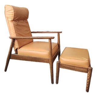 1960s MCM Tangerine Naugahyde & Walnut Wood Chair & Ottoman - Footstool, Orange Soft Upholstery & Walnut Finish - Tiny Flaws For Sale