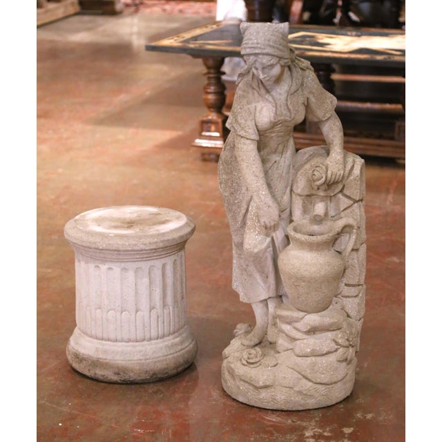 Mid-Century French Cast Stone Garden Figure of Woman at Well on Fluted Pedestal For Sale In Dallas - Image 6 of 13