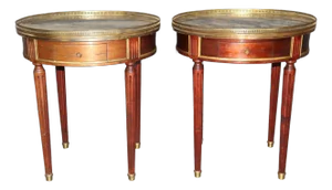 Pair Signed Maison Jansen Brass Trimmed Marble Top Gueridons Bouillotte Tables
