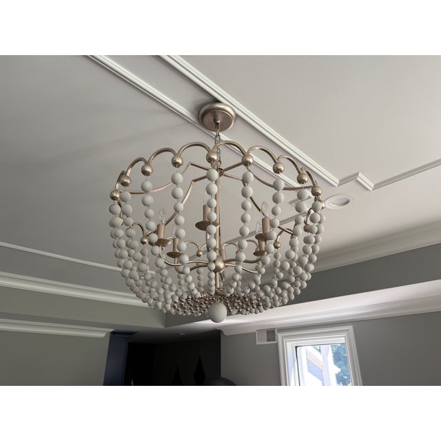 French Country Gabby Peggy Six-Light Champagne Silver and White Wood-Bead Chandelier For Sale - Image 3 of 3