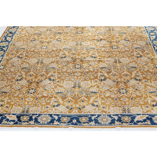 Early 20th Century Brown, Beige and Royal Blue Floral Indian Rug For Sale - Image 10 of 10
