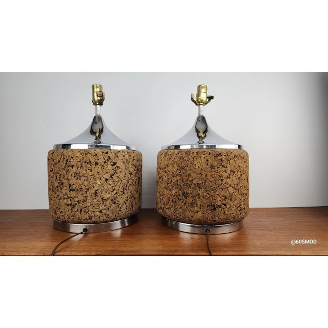 Mid 20th Century Cork and Chrome Table Lamps - a Pair For Sale In Baltimore - Image 6 of 10