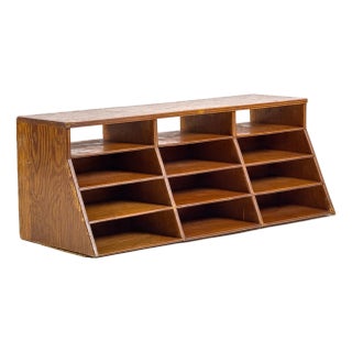 Vintage 1950s Large Modernist Wooden Desktop Cubby W/ Angled Slotted Compartments - Handmade Office Storage Organizer For Sale