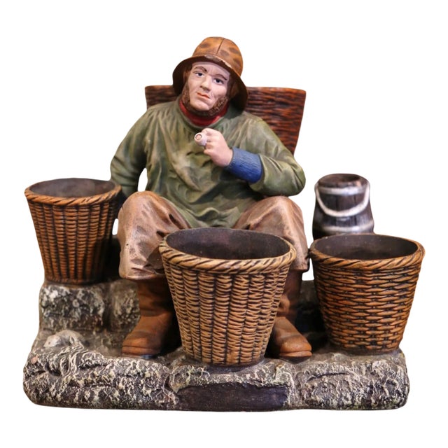 19th Century French Hand Painted Polychrome Terracotta Fisherman Figurine For Sale