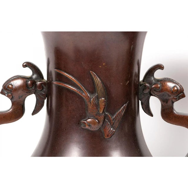 Japanese Pair Meiji Japanese Bronze Vases With Bird & Pond Relief For Sale - Image 3 of 11