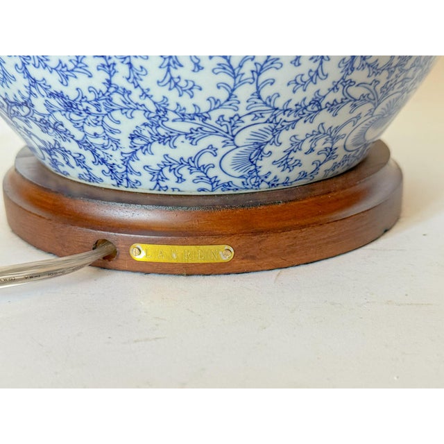Wood Ralph Lauren Blue and White Ceramic Ginger Jar Lamp With Scrolling Vine Motif For Sale - Image 7 of 8