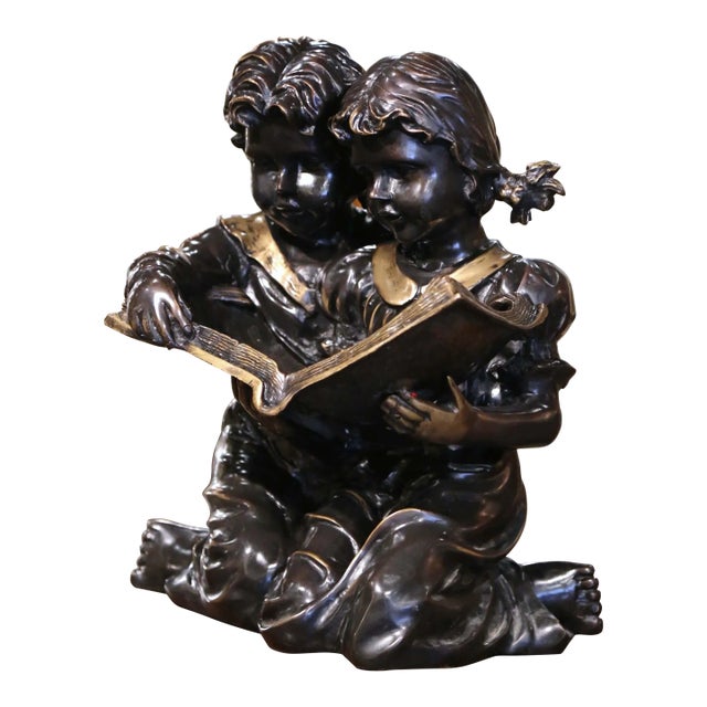 19th Century French Two-Tone Bronze Sculpture of Children Reading For Sale