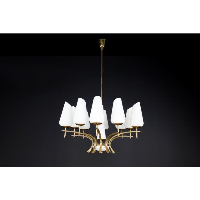 Mid-Century Modern Brass and Opaline Glass Chandelier, France, 1950s For Sale - Image 12 of 15
