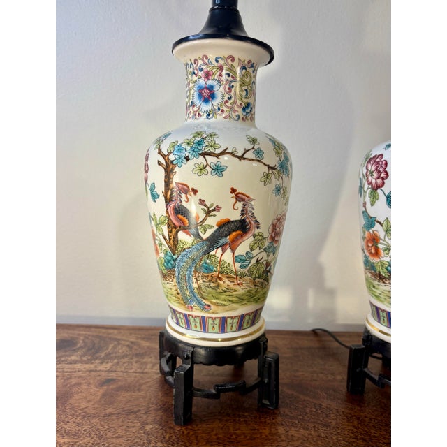 Chinoiserie Pair of Vintage Italian Chinoiserie Porcelain Table Lamps With Pheasants For Sale - Image 3 of 9