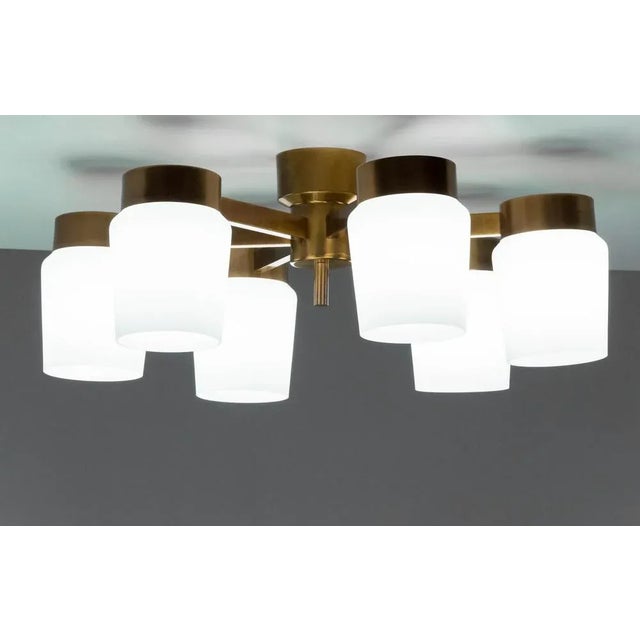 Large Brass with Frosted Glass / Opaline Flush Mount attributed to Fagerhult, Sweden, 1960s For Sale - Image 3 of 6