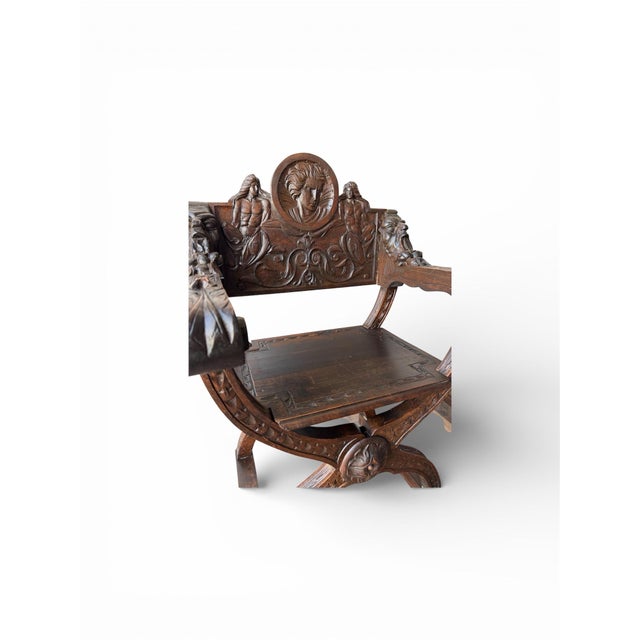 Late 19th Century Renaissance Italian Pair Chairs, Hand Carved Walnut Wood For Sale - Image 4 of 12