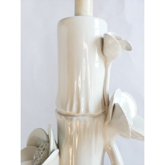 White Mid Century Italian Ceramic Faux Bamboo & Lotus Flower Table Lamps-A Pair For Sale - Image 8 of 13