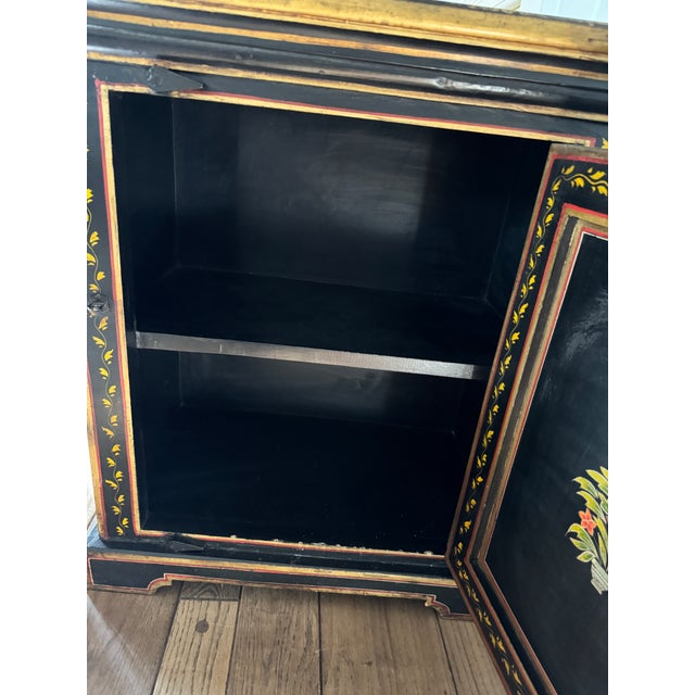 Wood Vintage Asian-Style Black Lacquer Cabinet / Nightstand, Hand-Painted Floral Motifs For Sale - Image 7 of 9