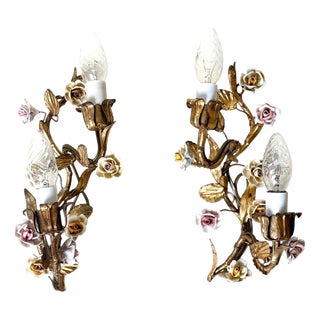 Vintage Italian Mirrored Gilt Metal and Porcelain Rose Sconces, 1940s, Set of 2 For Sale