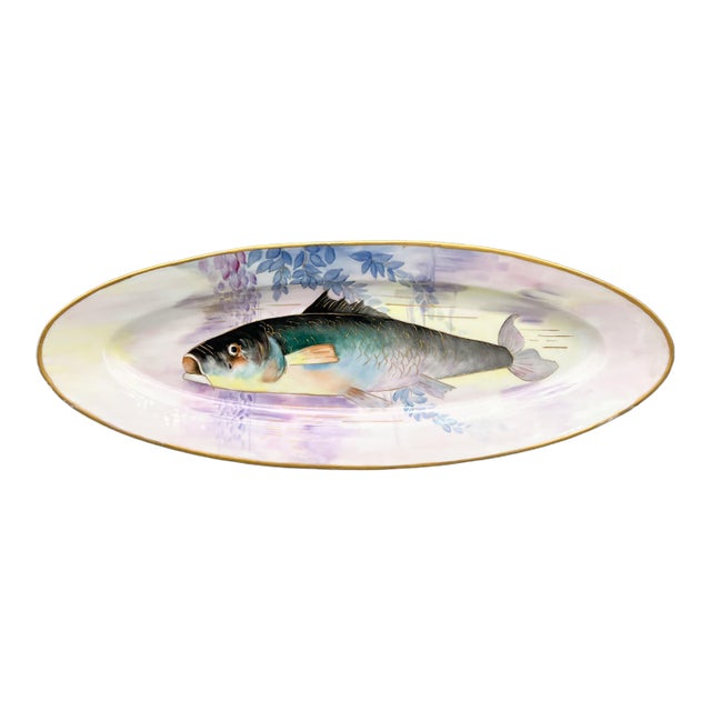 Antique Continental Hand-Painted Porcelain Fish Platter With Wisteria and Gilt Details – Aesthetic Movement For Sale