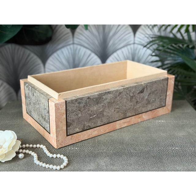 Metal Vintage Mid-Century Modern Postmodern Tessellated Marble Mactan Stone and Brass Jewelry Trinket Lidded Box With Velvet Interior by Maitland-Smith For Sale - Image 7 of 12