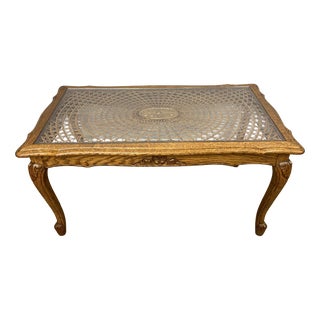 Vintage French Carved Oak Coffee Table with Glass Top For Sale