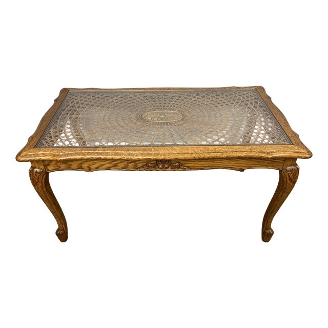 Vintage French Carved Oak Coffee Table with Glass Top For Sale