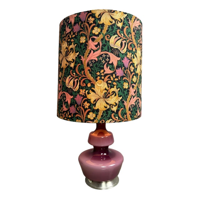 Mid-Century Belgian Purple Opaline Glass Table Lamp with Floral Shade from Glasfabriek De Rupel, Belgium, 1960s For Sale