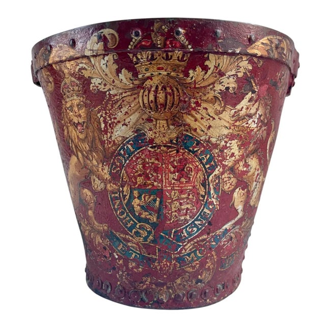 19th-Century Antique English Georgian Red Leather Hand-Decorated Armorial Shield Fire Bucket For Sale - Image 9 of 10