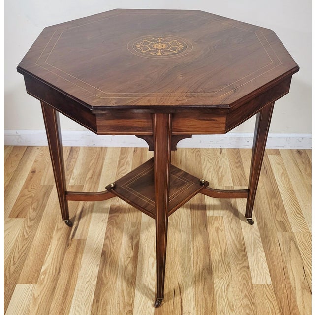 19th C English Edwardian Inlaid Rosewood Octagonal Center Table For Sale - Image 9 of 16