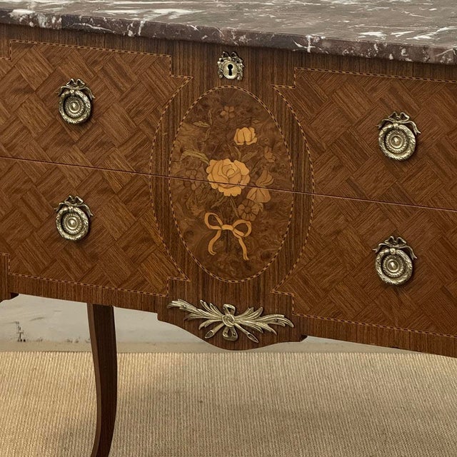 Antique French Louis XVI Style Marquetry Marble Top Commode For Sale - Image 13 of 18
