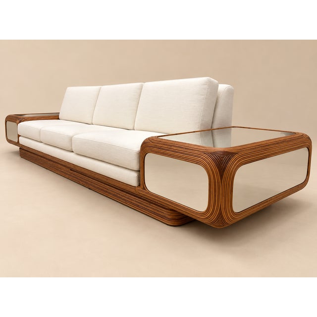 Off-white 1970s Large Designer Sofa With Floating Side Tables, Split Pencil Reed For Sale - Image 8 of 13