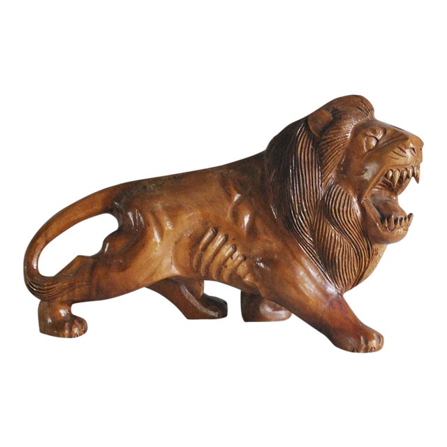 Vintage African Carved Wood Lion Statue Chairish