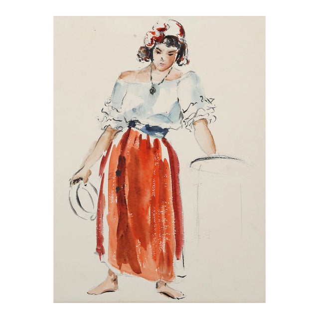 1960s "Woman with Tambourine P2.57" Watercolor Painting by Eve Nethercott For Sale