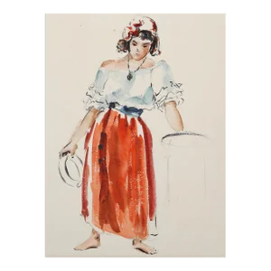 1960s "Woman with Tambourine P2.57" Watercolor Painting by Eve Nethercott