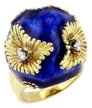 Mid 20th Century Diamond Enamel 18k Yellow Gold Floral Dome Ring - Size 6