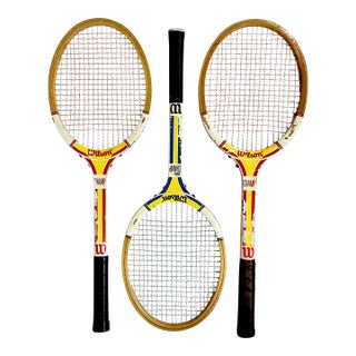 Vintage Americana Boho Chic Wilson Wood Tennis Rackets Decorative Wall Objects - Set of 3 For Sale