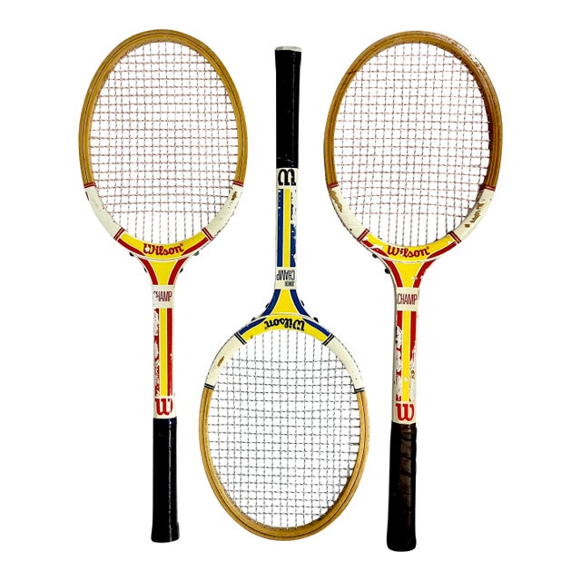 Vintage Americana Boho Chic Wilson Wood Tennis Rackets Decorative Wall Objects - Set of 3 For Sale