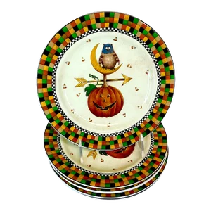 1990s Vintage Boho Chic Halloween Owl-Pumpkin Weathervane Salad Plates - Set of 5