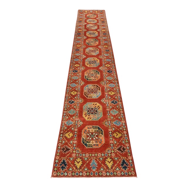 Kazak Runner 2’8” X 13’6” Red Wool Tribal Hand-Knotted Oriental Rug For Sale