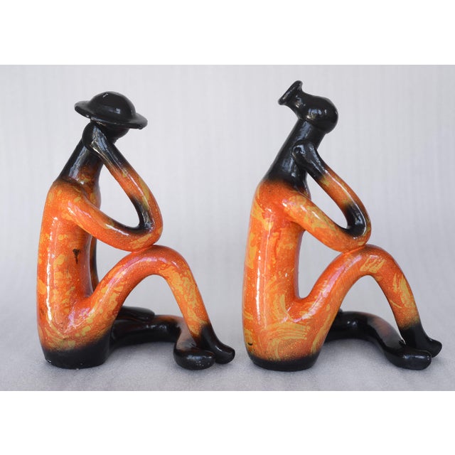 Orange Mid Century Style Abstract Sitting Man & Woman Ceramic Sculptures - A Pair For Sale - Image 8 of 18
