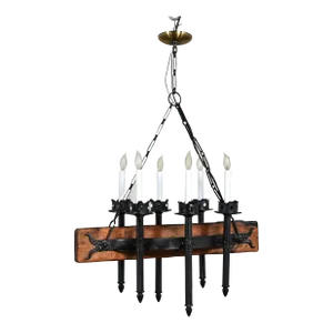 Mid-20th Century Medieval Gothic or Spanish Revival Iron & Wood Beam Hanging Light Fixture Made in Mexico