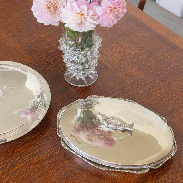 Beautiful alpaca silver serving tray with lid from Spain, 1940s. Low oval footed dish and lid with fish handle. Lovely...