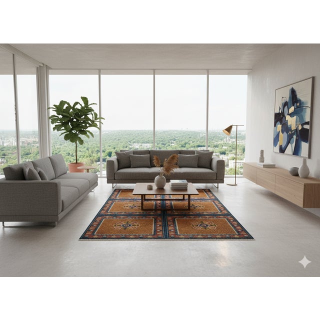 1960s Rectangular Tibetan Style Geometric Medallion Graphic Wool Rug Carpet For Sale - Image 5 of 11