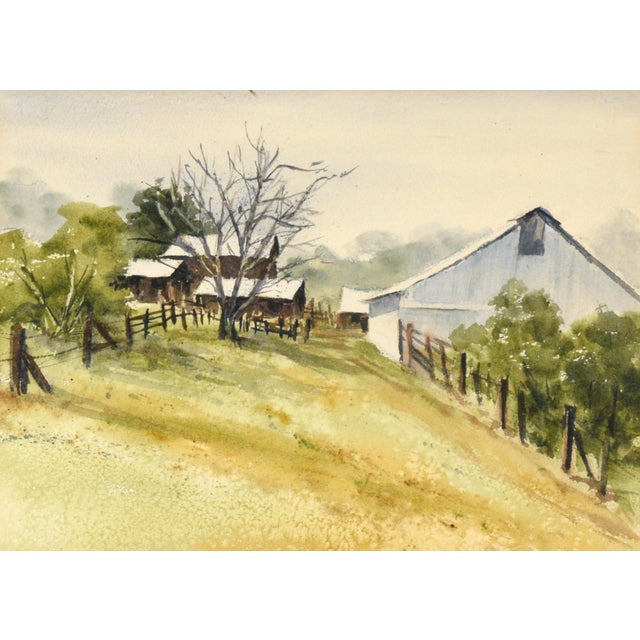 Grey Barn and Brown House - Rural California Landscape in Watercolor on Paper Serene country landscape by California...