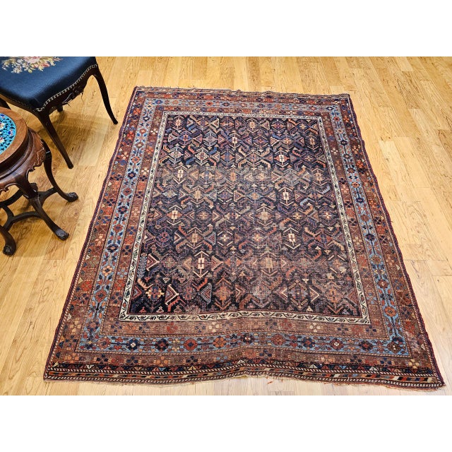 Black 19th Century Persian Afshar Tribal Rug, Handwoven Wool, All-Over Geometric Pattern, Navy & Blue, 5x6 For Sale - Image 8 of 18