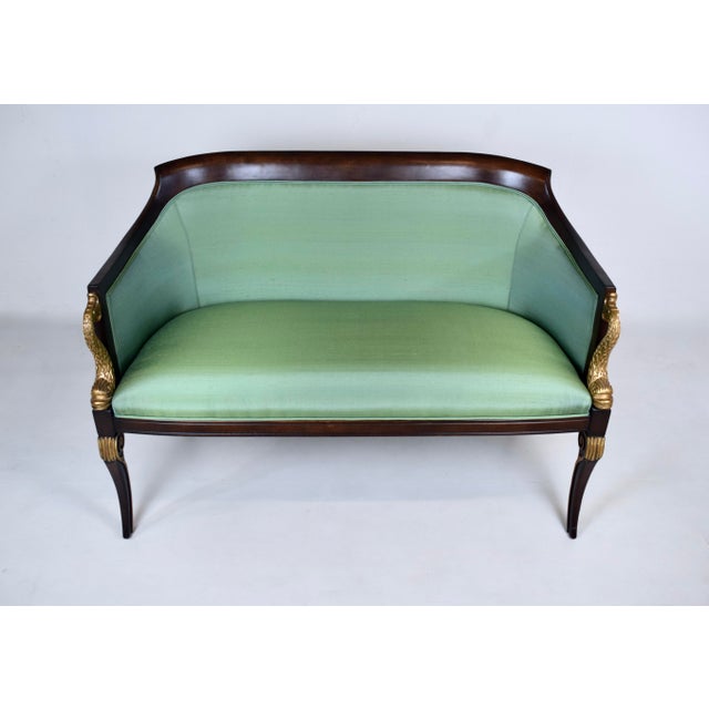 French French Empire Style Curved Walnut Settee With Dolphin Arms, New Green Silk For Sale - Image 3 of 13