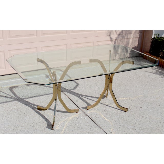 Glass Rare Vintage Mid-Century Modern Brass & Glass Dining Table | Milo Baughman Style, 1980s For Sale - Image 7 of 12