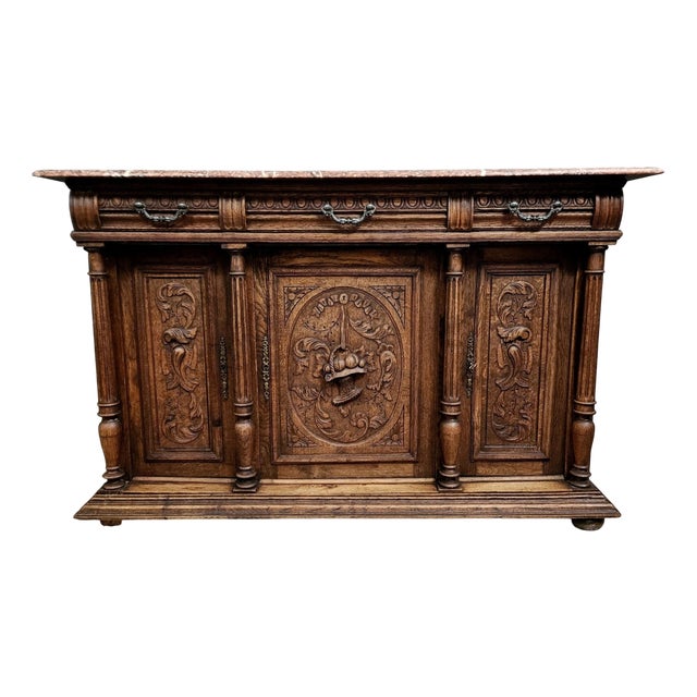 Renaissance Style Buffet in Oak with Marble Top For Sale